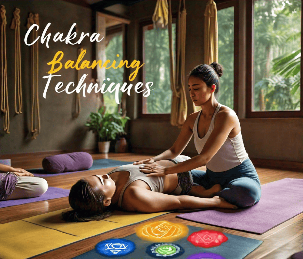 An infographic showcasing various techniques for balancing chakras, including meditation, breathwork, and the use of crystals